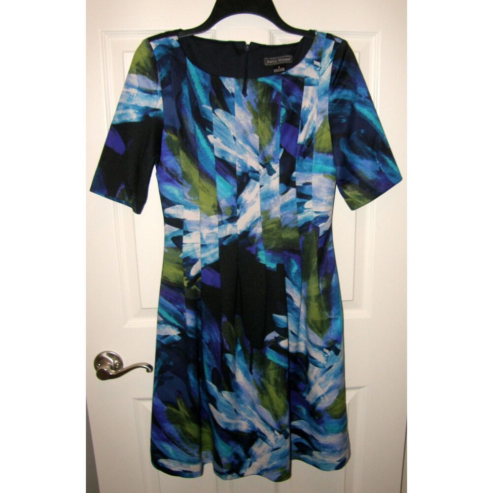 JESSICA HOWARD Colorful Abstract Sz 8 Church Office Lined Pleated Sheath Dress